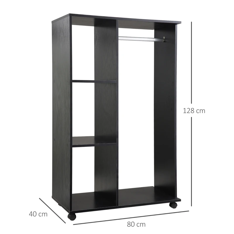 HOMCOM Roupeiro de Madeira Móvel Armário Roupeiro Aberto com Barra para Pendurar e 3 Prateleiras Organizadoras 80x40x128 cm Preto