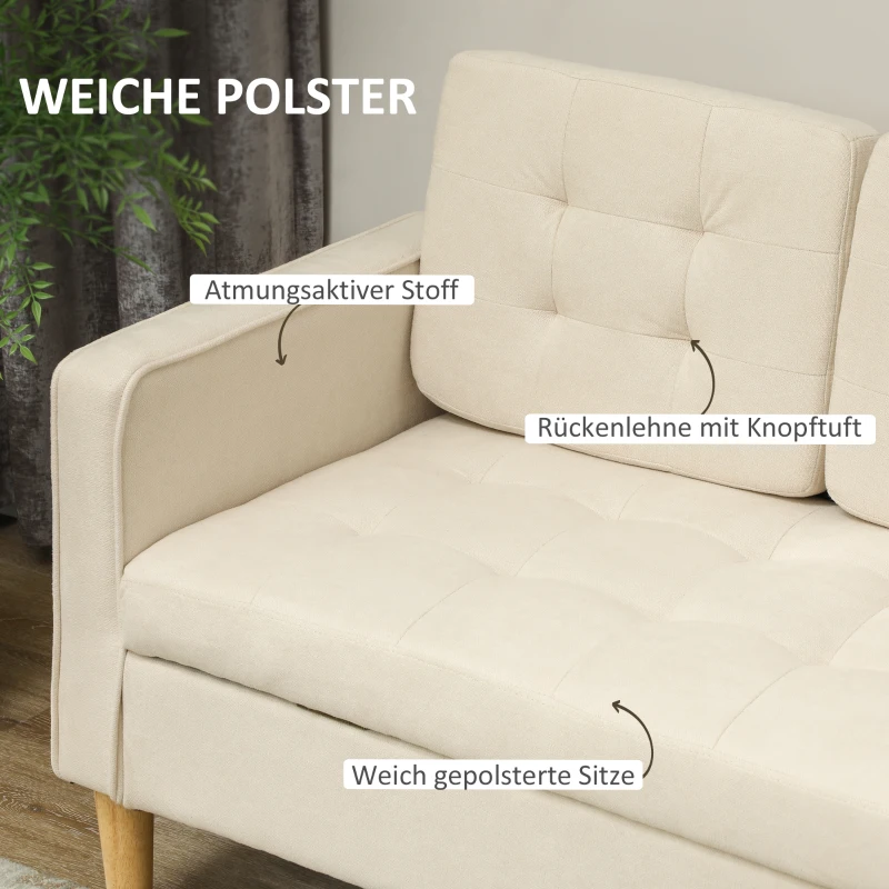 HOMCOM 3-Zits Sofa met Opbergruimte, Knoopstiksel, Gepolsterde Bank, 166,5 x 62 x 82 cm, Crèmewit