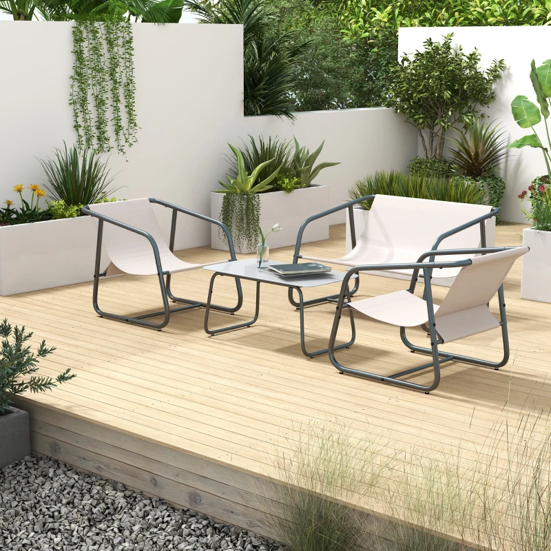 Outsunny 4-teilige Gartenmöbel-Set Gartensitzgruppe Loungemöbel, 1 Sofa, 2 Sessel, 1 Tisch, 110 x 70 x 70 cm, Cremeweiß + Schwarz