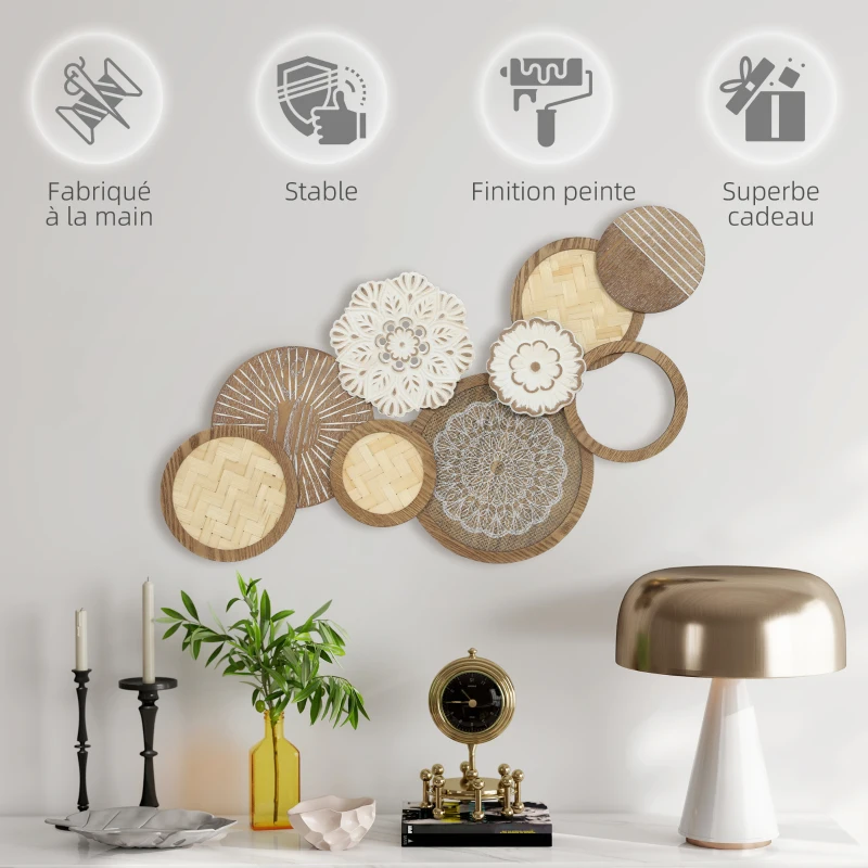 HOMCOM Décoration murale en bois, sculpture murale en bois, design unique à plusieurs disques, 83,8 x 44,5 cm, bois naturel