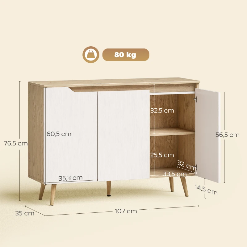 HOMCOM Buffet salon, meuble de rangement, 3 portes, étagères réglables et pieds en bois d'hévéa, 107x35x76,5cm, blanc et chêne