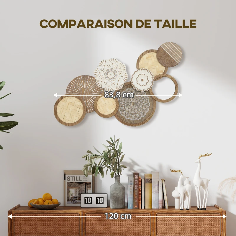 HOMCOM Décoration murale en bois, sculpture murale en bois, design unique à plusieurs disques, 83,8 x 44,5 cm, bois naturel