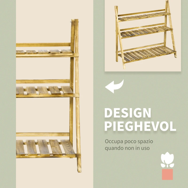 Outsunny Portapiante Pieghevole Portavasi in Legno di Abete con 3 Livelli Scaffale da Esterno per Piante Portafiori 100x37x93cm
