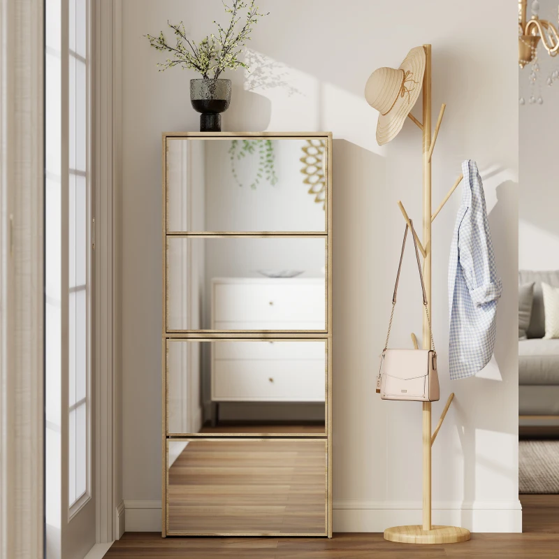 HOMCOM Sapateira Estreita com Espelho 4 Portas Abatíveis para 12 Pares de Sapatos para Espaços Reduzidos 63x17x146 cm Madeira