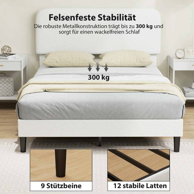 HOMCOM Eenpersoonsbedframe met teddy-fleece hoofdbord, metalen bedframe, eenvoudige montage, wit