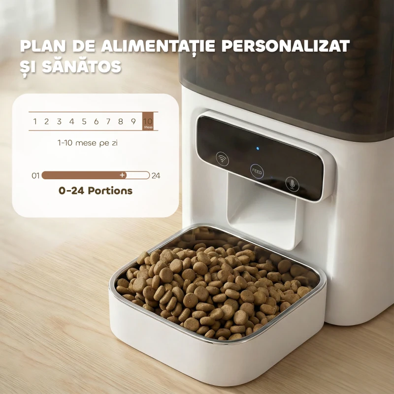 PawHut Distribuitor Automat de Hrană pentru Pisici 4.5L cu Aplicație și Înregistrator Vocal