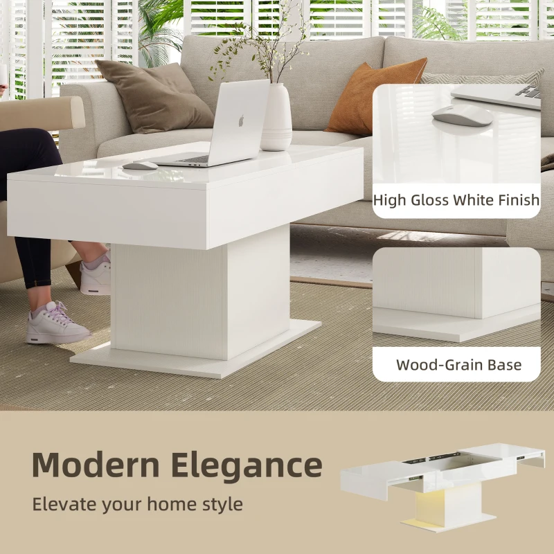HOMCOM Extendable Coffee Table with LED Lights and Storage - High Gloss White