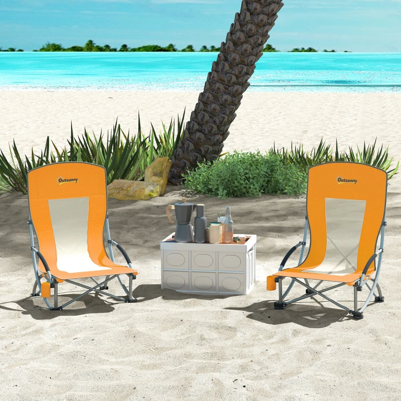 Outsunny Lot de 2 chaises de plage pliable chaises camping pliante légère sac de transport porte-gobelet 70 x 58 x 79 cm orange
