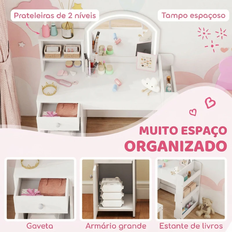 AIYAPLAY Toucador Infantil com Banqueta e Espelho com Luzes LED 1 Gaveta, Armário e 5 Prateleiras Branco