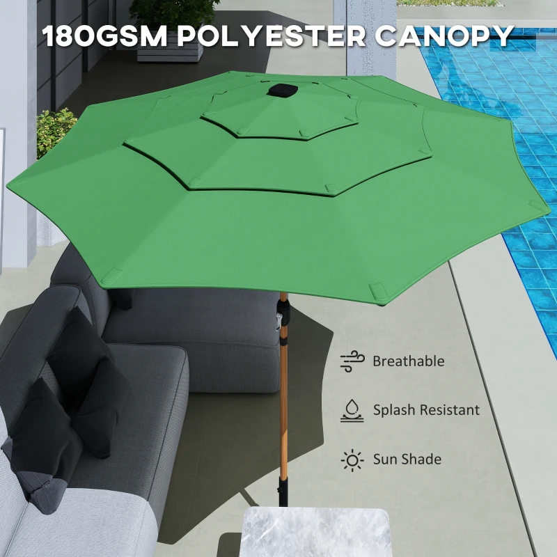 Outsunny Garden Parasol, Parasol Umbrella with 3-tier Roof, Crank Handle, Tilt Function, Polyester Canopy, Green