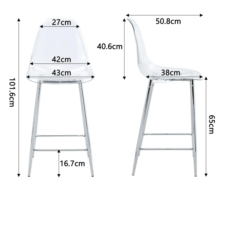 Lot de 2 tabourets de bar transparents, design moderne et aérien, 51x45x102 cm, Argenté