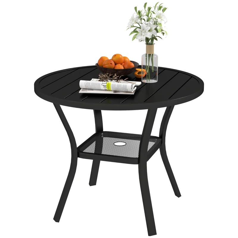 Outsunny 90 cm Garden Dining Table with 4-5 cm Parasol Hole, Round Outdoor Dining Table, Steel Garden Table with Slatted Metal Top and Wire Shelf for Balcony, Porch, Black