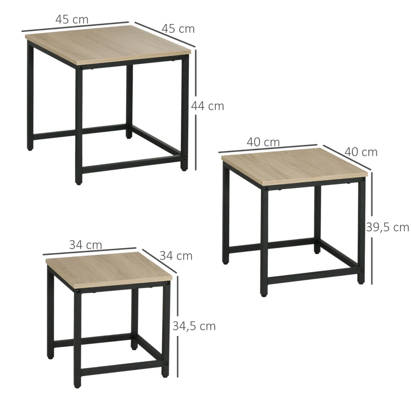 HOMCOM Set van 3 bijzettafels, industrieel ontwerp, zwart stalen frame, tafelblad met houteffect