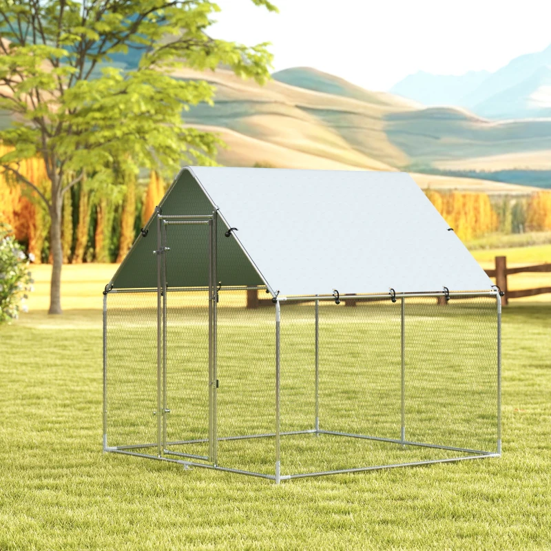 PawHut Enclos poulailler extérieur 4 m², parc grillagé - acier galvanisé Ø19mm - bâche Oxford 420D anti-UV 200x200x200cm argent