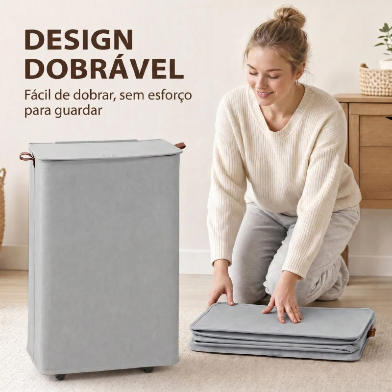 HOMCOM Cesto de Roupa Suja com Tampa e Rodas, 50L, Dobrável com Saco com Cordão Removível, 40x30x65 cm, Cinzento