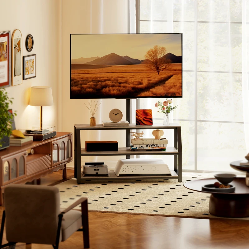 HOMCOM Meuble TV avec support pour téléviseurs jusqu'à 72 pouces, meuble télé avec 2 étagères ouvertes, 110x43x150cm, gris