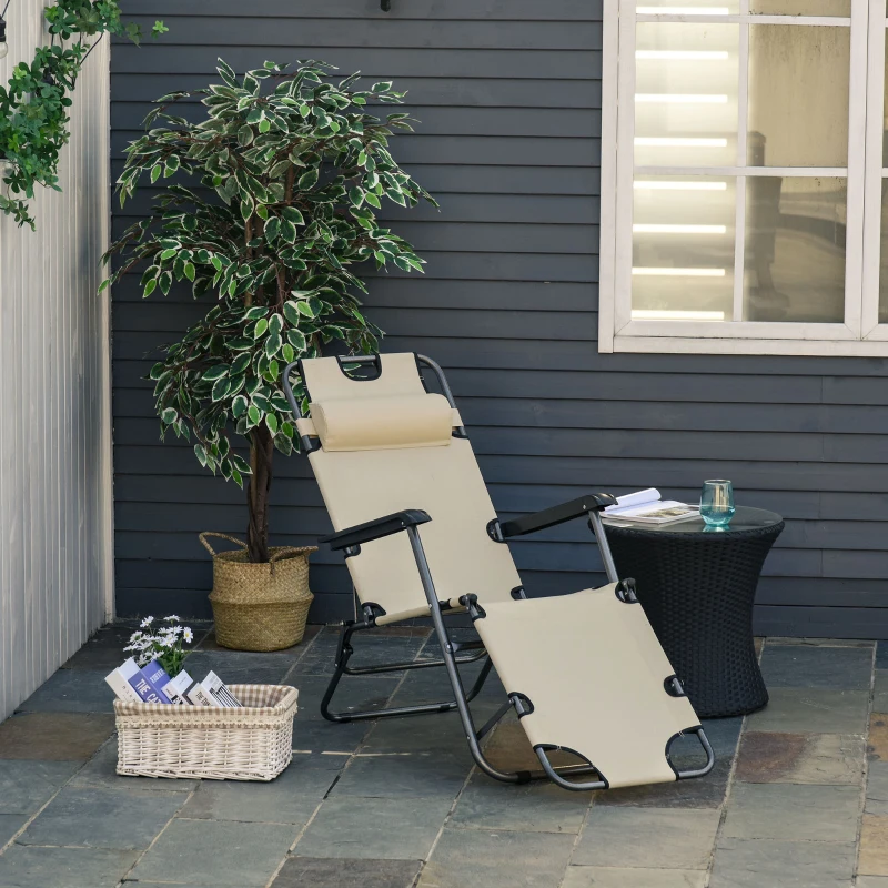 Outsunny 2 in 1 Folding Sun Lounger Reclining Garden Chair with 2-Level Adjustable Backrest, Outdoor Zero Gravity Recliner Garden Chair with Head Pillow and Armrests, Beige
