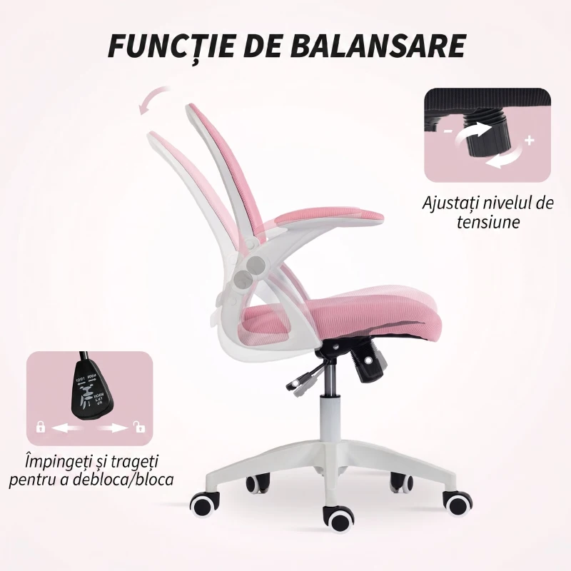 Vinsetto Scaun de birou ergonomic și reglabil cu spătar din plasă și șezut căptușit, 65.5x61.5x88-97.5 cm, roz