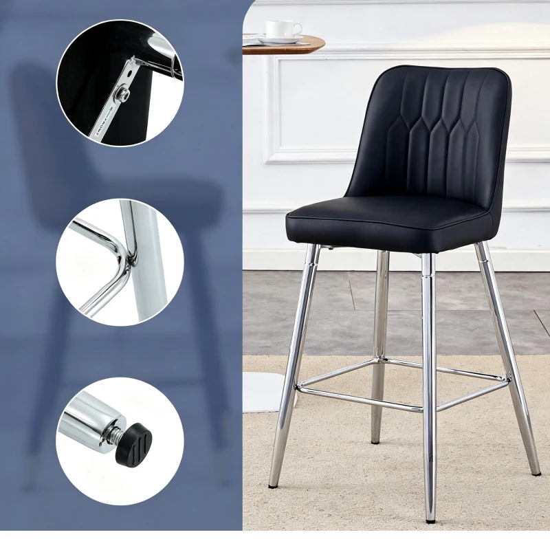 Lot de 2 tabourets de bar hauteur, design moderne et confortable, dossier incurvé et repose-pieds, 42x45x100 cm, Noir+Argenté