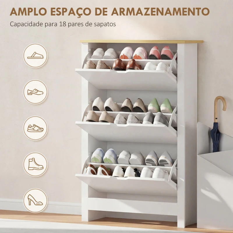 HOMCOM Sapateira Branca Estreita Armário Sapateiro Alto com 3 Gavetas para 18 Pares de Sapatos para Corredor 72x26x112 cm Branco