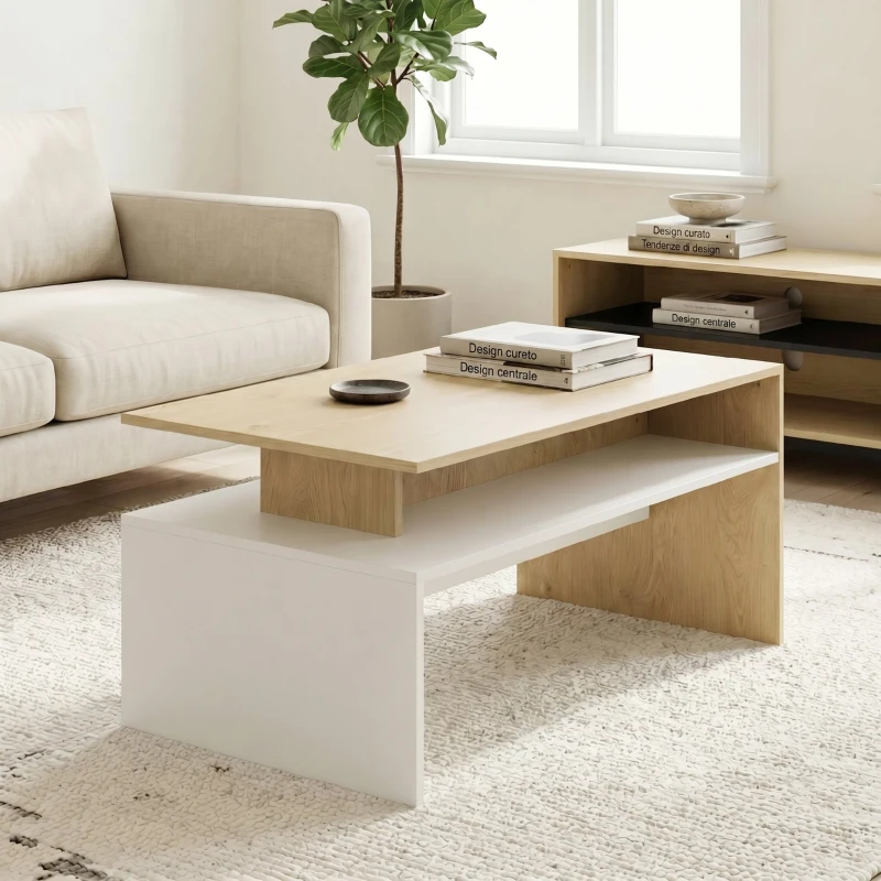 HOMCOM Tavolino da Salotto Bicolore con Mensola Asimmetrica, 95x55x50 cm, Legno Naturale e Bianco