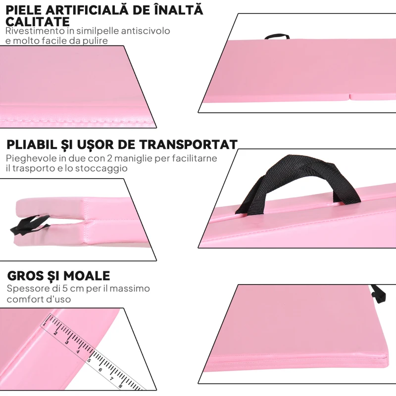 Covoraș de Gimnastică Pliabil HOMCOM, Covoraș Fitness Gros de 5 cm și Antiderapant, 180x60x5 cm, Roz
