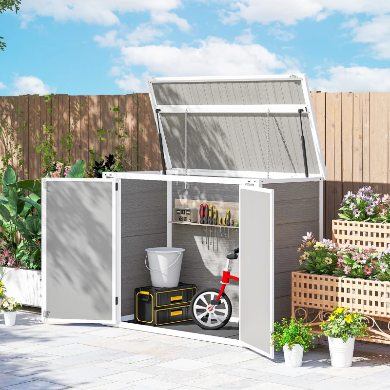 Outsunny 4.7 x 2.5FT Garden Shed, Double Bin Storage Shed with Lockable Doors, Outdoor Small Shed with Openable Lid for 2 Trash Cans, Garden Tools, Light Grey