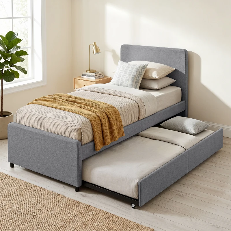 HOMCOM 3ft Single Bed Frame with Trundle, Upholstered Pull Out Trundle Bed with Headboard and Footboard, Dark Grey