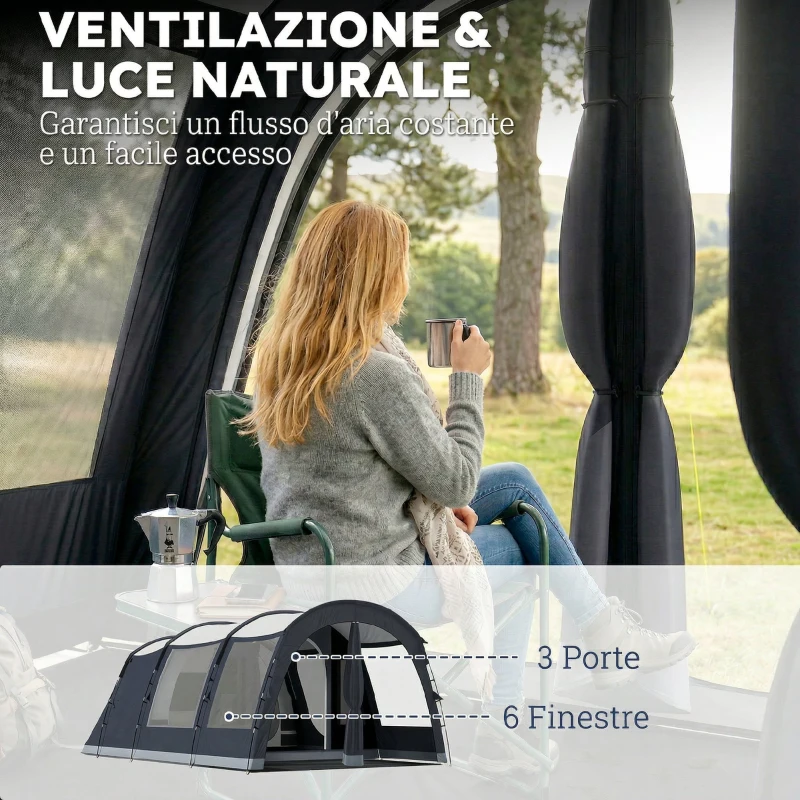 Outsunny Tenda Campeggio a Tunnel per 2-4 Persone Alta 210cm con 2 Stanze, Impermeabile 3000mm per Trekking, Blu navy