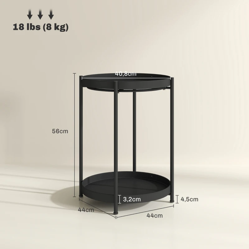 HOMCOM Ronde Bijzettafel met Legbord, 2-Lagen Koffietafel voor Woonkamer, Slaapkamer, Kleine Ruimtes, Metaal, Zwart