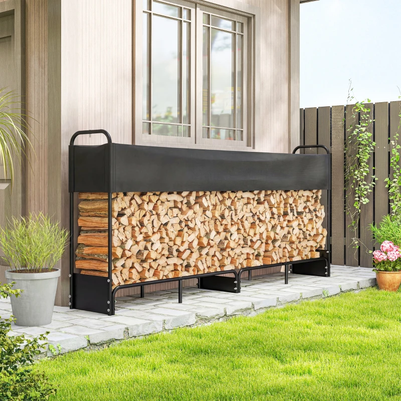 Outsunny Range bûches extérieur, abri bois de chauffage couverture imperméable 600D Oxford charge 500 kg 260 x 38 x 118 cm noir