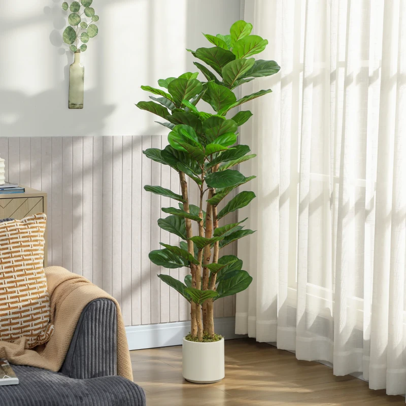 HOMCOM Pianta di Fico Artificiale Verde in PEVA e Legno con Vaso Contenitore in PP e Cemento, 50x50x150 cm