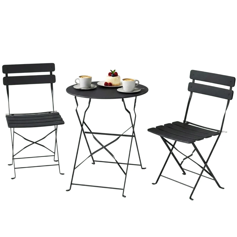 Outsunny Ensemble Bistrot de Jardin 3 Pièces Table et 2 Chaises Pliantes à Lattes Double Protection Antirouille Noir