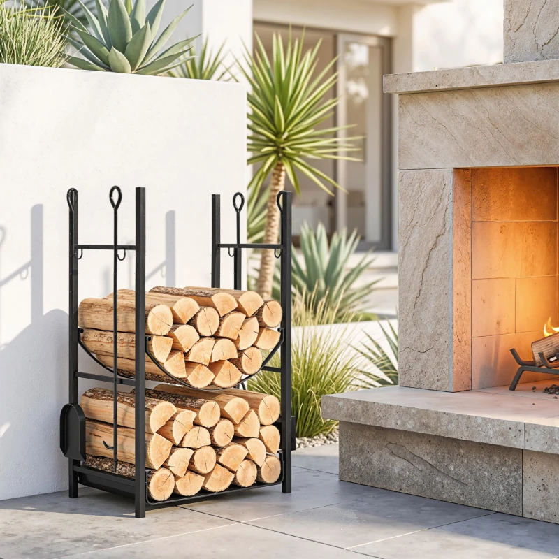 Outsunny Portalegna da Interno ed Esterno Rialzato a 2 Ripiani, Porta Legna da Ardere in Metallo con Supporti Rimovibili, Paletta, Scopa, Attizzatoio e Pinza, Capacità 70 kg, 44.5x29.5x73 cm, Nero