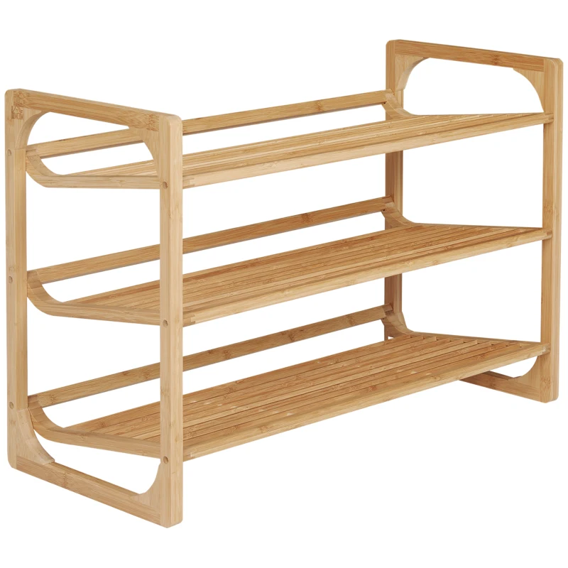 HOMCOM Schoenenrek voor 9 paar schoenen, 3 niveaus, opstaande randen, bamboehout, 76 x 33 x 51 cm(m-10)