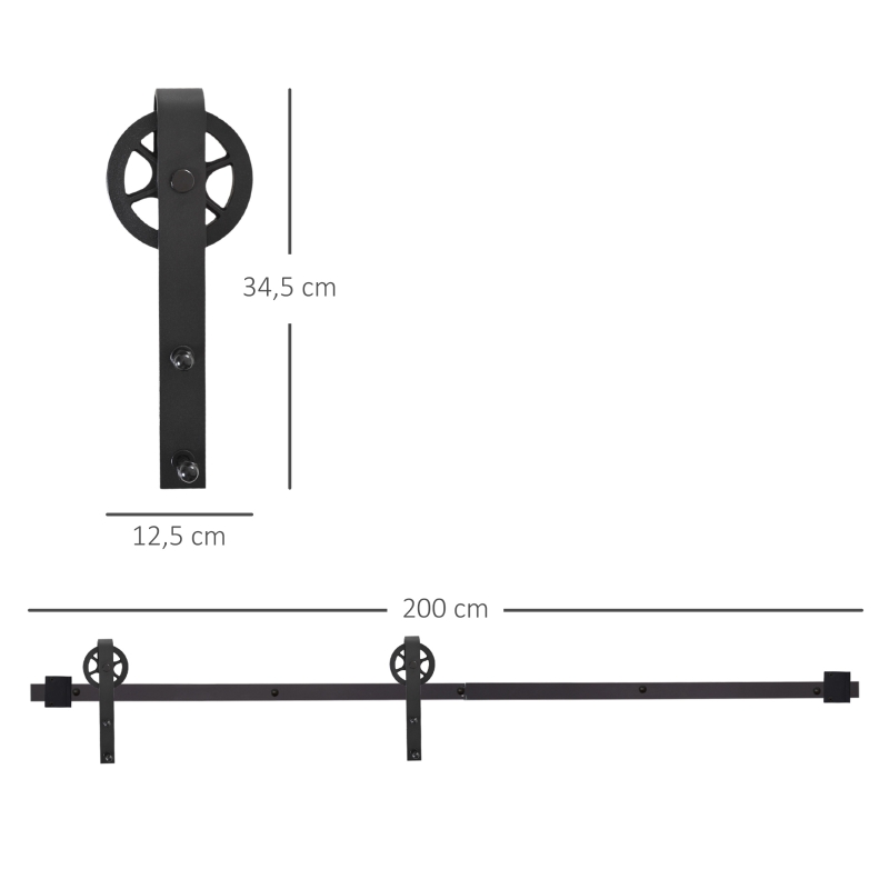 HOMCOM Schuifdeurbeslagset met rustieke uitstraling, Koolstofstaal, 200x4x0,6 cm, tot 90 kg, Zwart