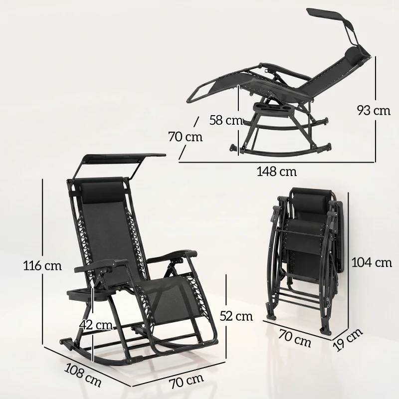Outsunny Garden Rocking Chair Folding Recliner Outdoor Adjustable Sun Lounger Rocker Zero-Gravity Seat with Headrest Side Holder Patio Deck - Black