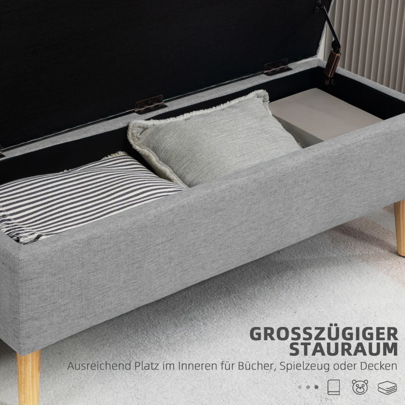 HOMCOM Gestoffeerde Bank met Opbergruimte, Linnenlook Bekleding, Rubberhout Poten, tot 220 kg, 110x39x45cm, Grijs(m-4)
