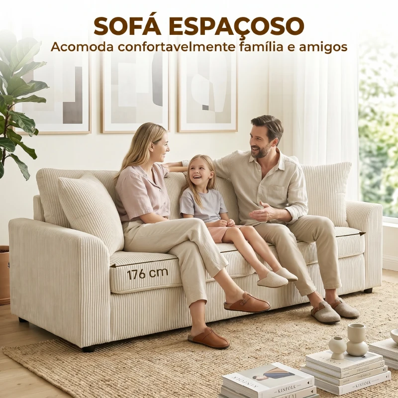 HOMCOM Sofá de 3 Lugares Moderno 212x80x88 cm Sofá Sala de Estar Estofado com 2 Almofadas Apoio de Braços e Estrutura de Aço  Creme