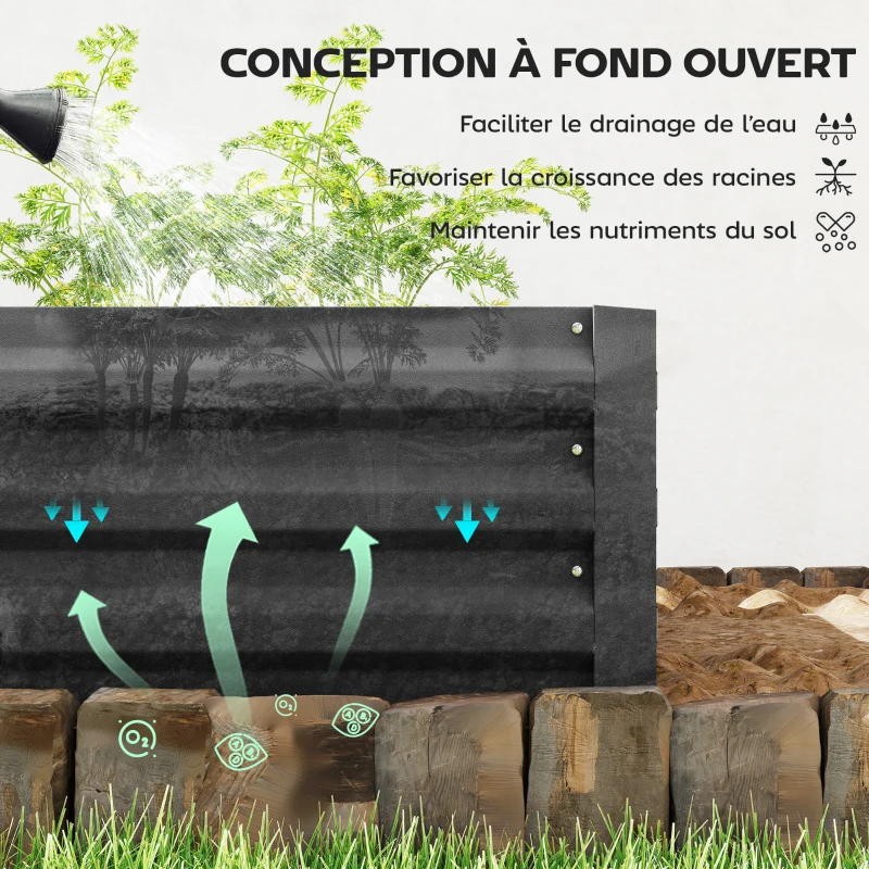 Outsunny Carré potager de jardin rectangulaire jardinière extérieure 241 x 90,5 x 30 cm tôle d'acier ondulée noir