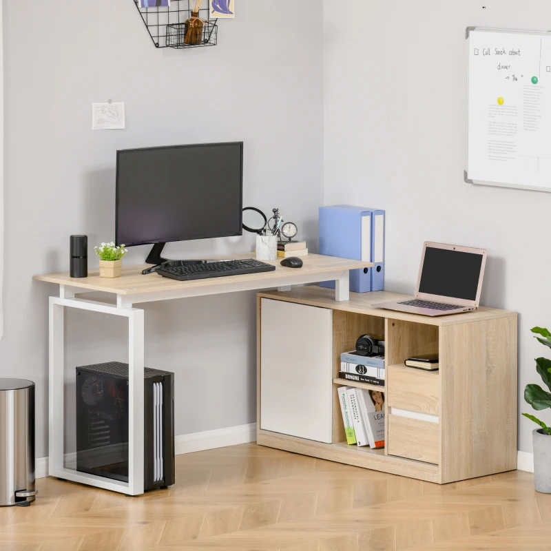 HOMCOM L-Shaped Home Office Computer Desk with Storage Shelf, Drawer, Corner PC Table Writing Workstation, Oak Beige White