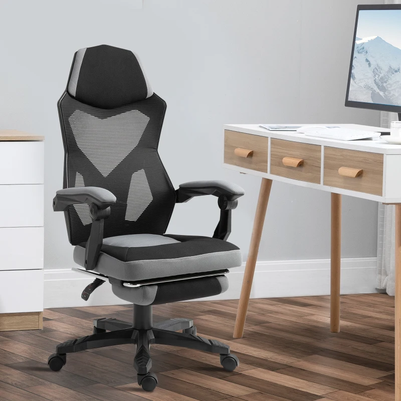 Vinsetto Chaise de bureau fauteuil gaming hauteur réglable dossier roulettes pivotantes repose-pied tissu en maille 58L x 63l x 112-122H cm gris noir