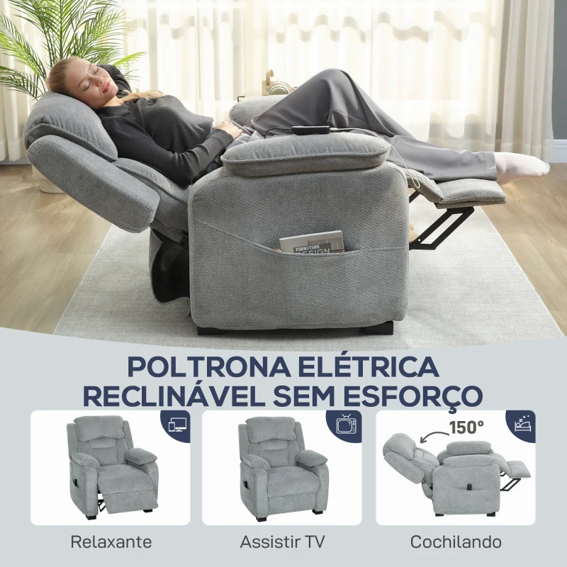 HOMCOM Cadeirão Relax Reclinável Elétrico com Motor Silencioso, 2 Posições de Memória, Apoio para os Pés, Apoio de Cabeça, USB e Bolsos