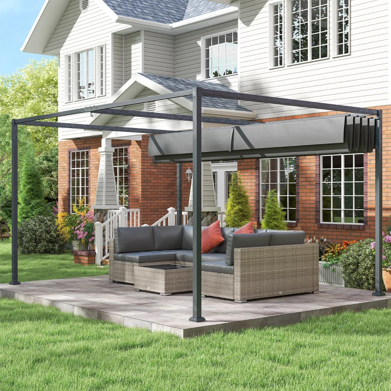 Outsunny Gazebo Pergolă 4x3 m cu Acoperiș Retractabil, Orificii de Drenaj, Picheți și Șuruburi, Pergolă de Grădină din Poliester și Metal, pentru Terasă, Verandă, Exterior, Gri Închis