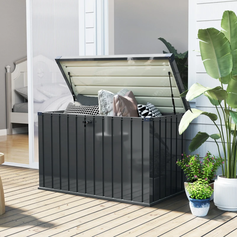 Outsunny Ladă de Exterior de 400L din Oțel Galvanizat cu Încuietoare și 2 Chei, 124x66x72 cm, Gri Închis