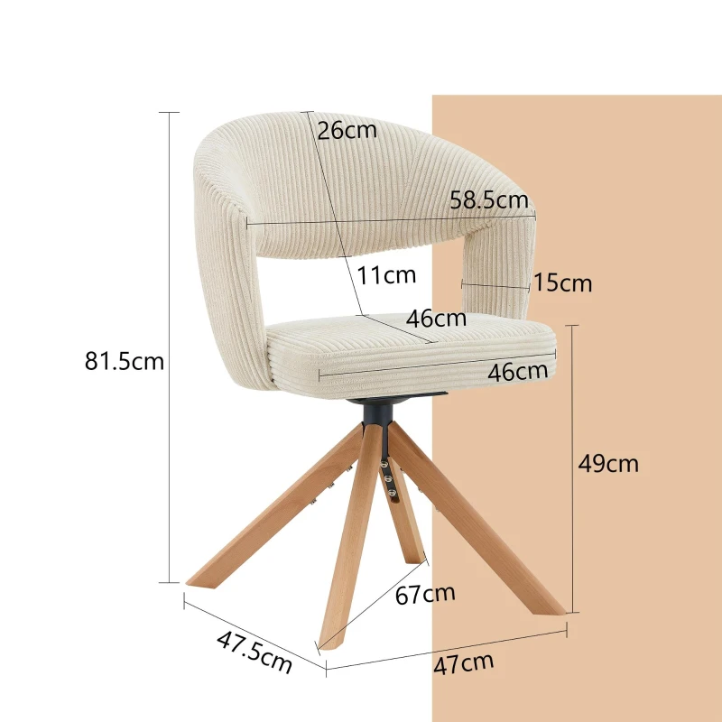 Lot de 2 chaises pivotantes rétro-luxe, patins feutre antidérapants, rotation 360° silencieuse, 47x47.5x81.5 cm, Couleur naturelle
