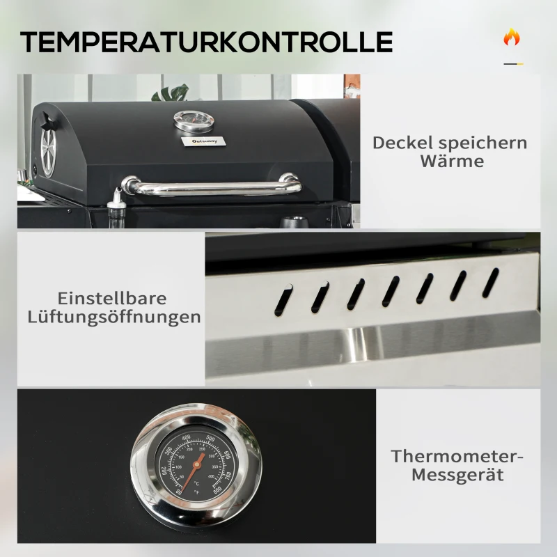 Outsunny Gasgrill BBQ-Grill, inclusief thermometer, warmhoudplaten, 161 x 54 x 103 cm, Zwart + Zilver