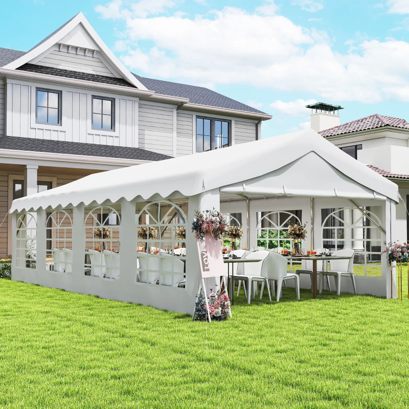 Outsunny Tenda para Festas 4x8 m Tenda de Jardim com Paredes Removíveis, Porta e Janelas UPF50+ Branco