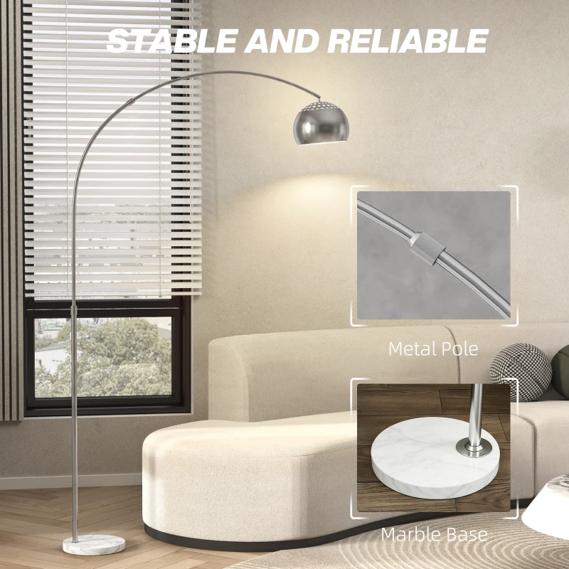 HOMCOM Arc Floor Lamp for Living Room, Modern Adjustable Standing Lamp with Faux Black Marble Base Silver Tone