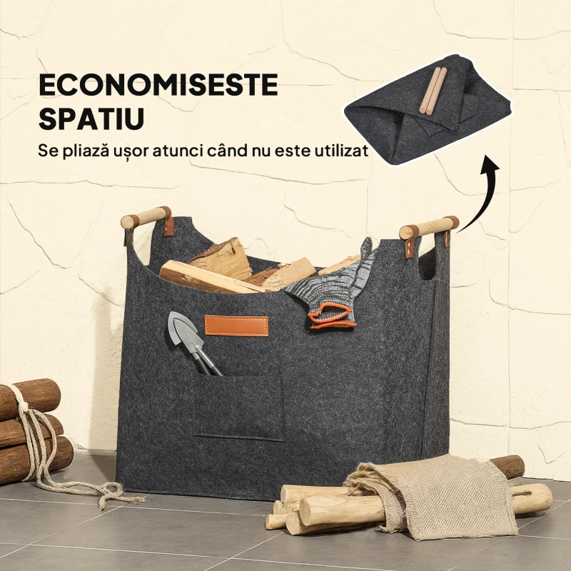 Outsunny Geantă din Fetru pentru Lemne de Foc cu Mânere din Lemn, Capacitate 15 kg, 45x32x40 cm, Gri